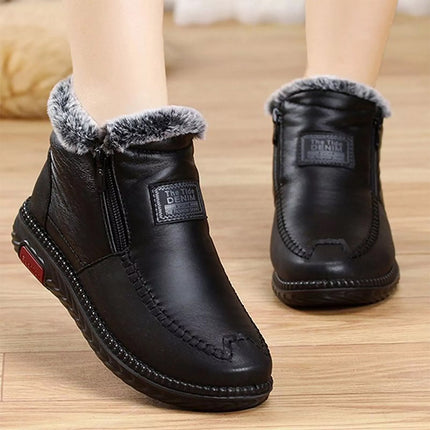 Women Waterproof Leather Warm Fleece Snow Ankle Boots Winter Non-slip Flat Shoes