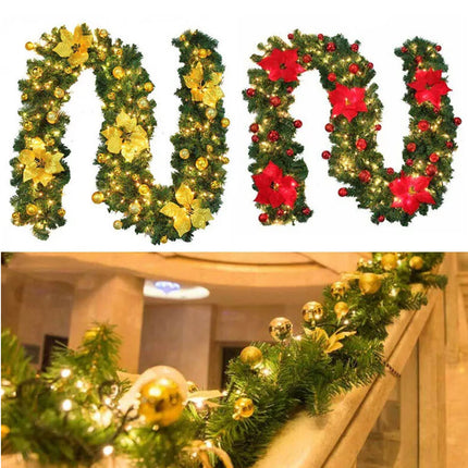 2.7M Christmas Garland with Lights / Flower /Pinecone Xmas Home Stairs Fireplace Red with Lights