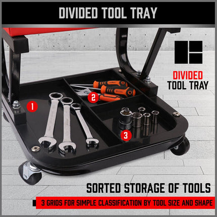 Padded Rolling Creeper Garage Mechanics Roller Seat Stool Chair with Tool Tray