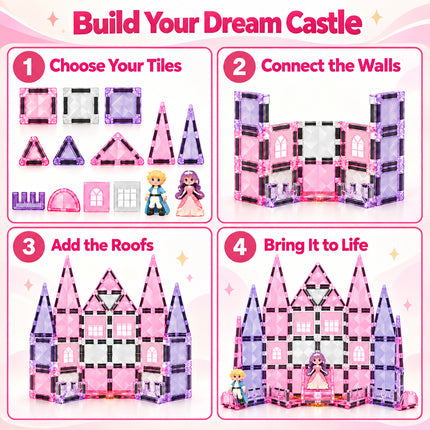 66 Pcs Diamond Magnetic Tiles Pink Princess Castle Building Set Christmas Gift