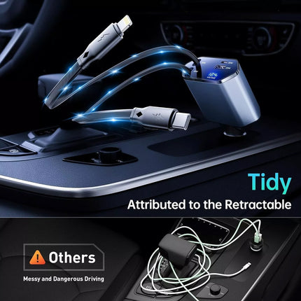 120W 4-in-1 Retractable Car Charger Cable – Dual Port USB-C PD Fast Charging Ada