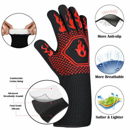 2x Heat Proof Resistant Oven BBQ Gloves 35cm Kitchen Cooking Silicone Mitt Black