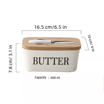 Ceramic Butter Dish Box Storage Tray Container w/ Bamboo Lid & Butter Cutter