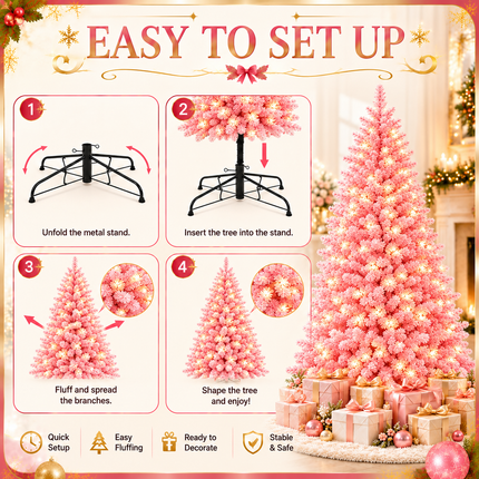 180cm 6FT Pink Snow Flocked Christmas Tree Pre-Lit With LED Light 240 LED Warm White Xmas Decor