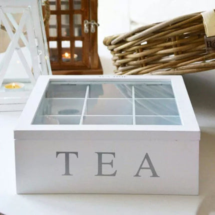 Wooden Tea Box 9-Compartment Tea Bag Chest Box Storage Organizer With Glass Lid