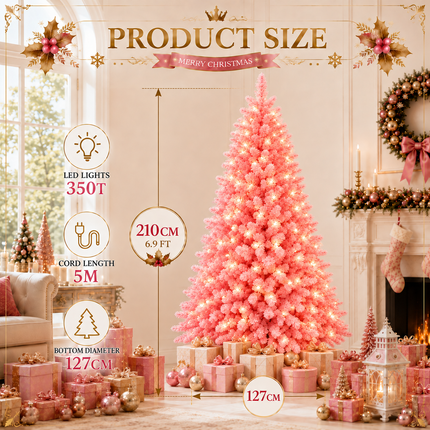 210cm 7FT Pink Snow Flocked Christmas Tree Pre-Lit With LED Light 350LED Warm White Xmas Decor