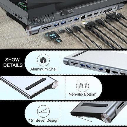 12 in 1 Laptop Docking Station Type-C Dual HDMI Adapter USB-C Triple Display