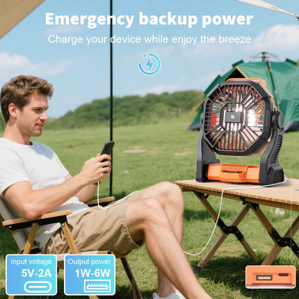 Portable LED Fan Camping Lights Rechargeable For Outdoor USB Tent Lamp With Hook Orange