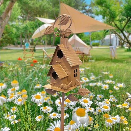 Outdoor Iron Birdhouse Garden Stakes - Metal Craft Bird House for Yard Decor D
