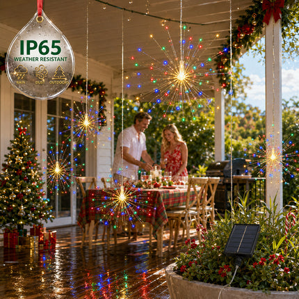 Solar Powered Multicolour LED 5 Head Firework Christmas Hanging Lights 8 Modes Copper Wire