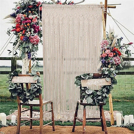 Macrame Beaded Curtain Door Curtains Boho Wedding Backdrop Decor Beige 90x180cm