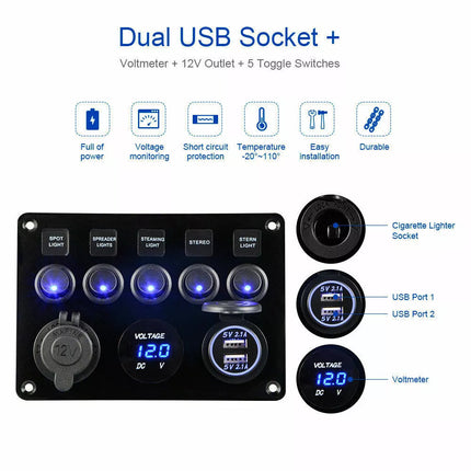 12V Switch Panel USB Charger 5 GANG ON-OFF Toggle LED Rocker for Car Boat Marine