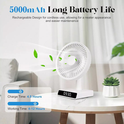 9 Inch USB Rechargeable Desk Table Fan Auto Moving heads w/ Clock Time Display