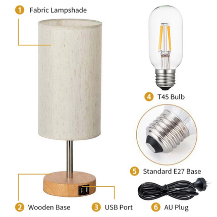 Decor Small Bedside Table Lamp Nightstand Light with Round Flaxen Fabric Shade