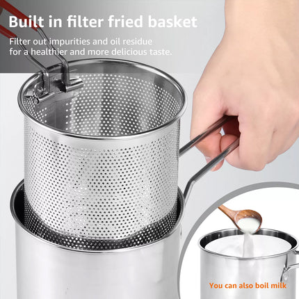 Deep Fryer with Strainer Basket and Handle Stainless Steel Fry Pot+basket+cover+furnace+clip
