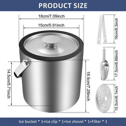 3L Ice Bucket with Lid Stainless Steel Ice Container with Scoop Tong