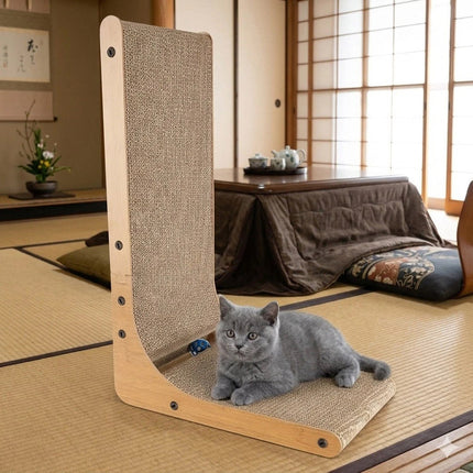 Wall Leaning L Shape Cat Scratcher Cardboard Bed with Wooden Frame 60CM Indoor Use