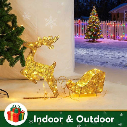 Christmas Lighted Reindeer & Sleigh Solar Powered LED Lights Xmas Decoration