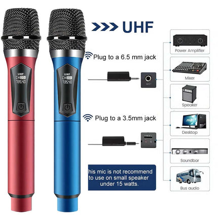 2 pack Wireless Microphone UHF Dynamic Mic System Karaoke Bluetooth Receiver Red + Blue
