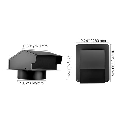149 mm Wall Vent Cover with Hood, Steel Roof Exhaust, 1 Pack, Black