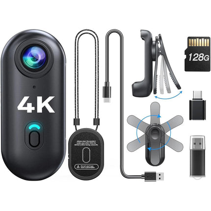 4K 128GB Mini Wearable Body Camera, 360°Rotatable Clip,Video Camcorder