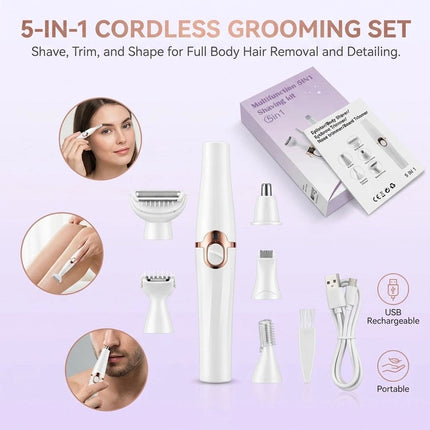 Electric Epilator and Eyebrow Trimmer 5-in-1 Grooming Kit USB Rechargeable 5V