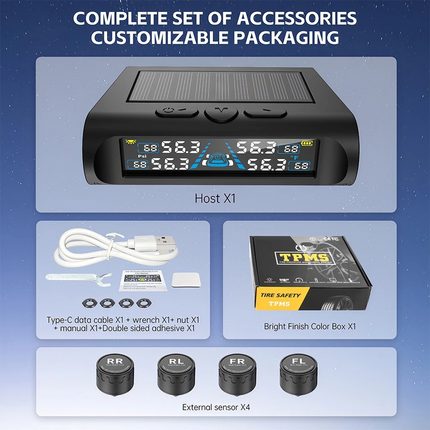 Solar Wireless TPMS Car Tire Tyre Pressure Monitor Monitoring System & 4 Sensors
