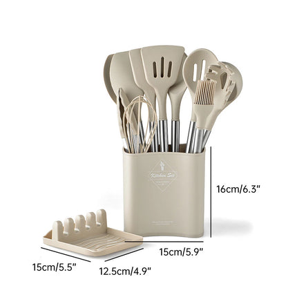 13PCS Silicone Kitchen Utensil Set with Stainless Steel Handles Non-Stick Tools (Beige)