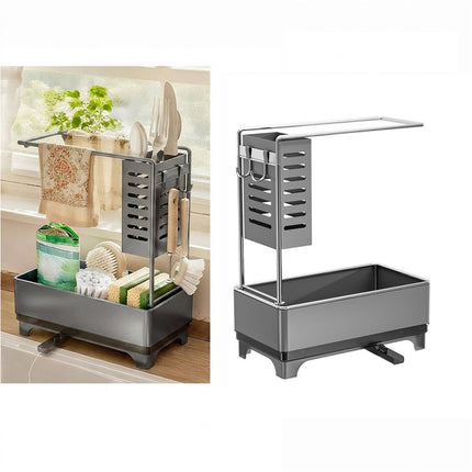 Gunmetal Grey 2 Tier Kitchen Sink Caddy Organizer with Brush and Sponge Holder Stainless Steel