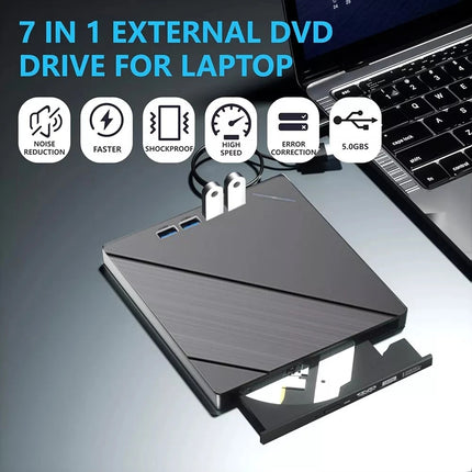 7-in-1 Slim External CD DVD Drive USB 3.0 Reader Writer Burner Player For Laptop
