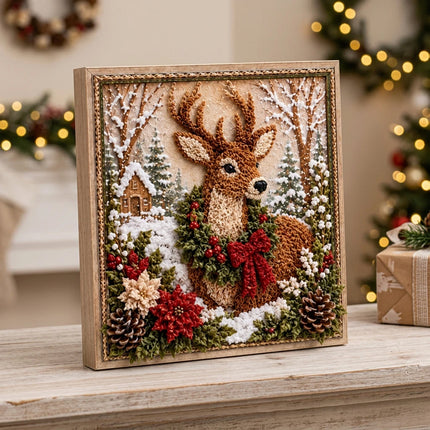 3D Christmas Fabric Poke Art Kit, DIY Punch Craft Set with Frame Decor Deer Set