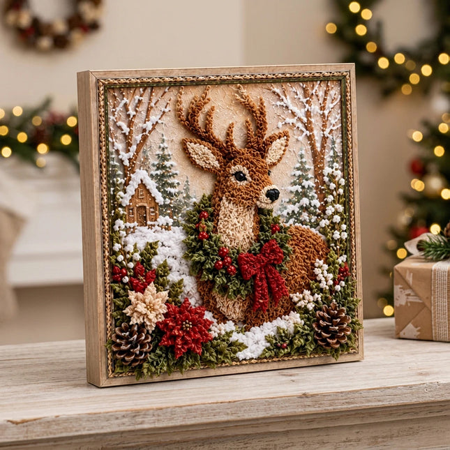 3D Christmas Fabric Poke Art Kit, DIY Punch Craft Set with Frame Decor Deer Set