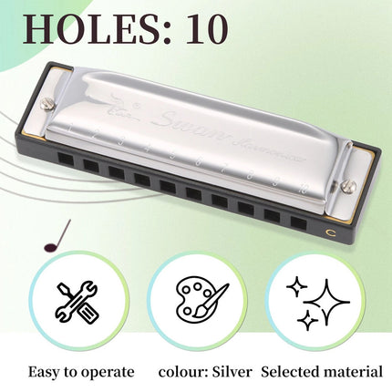 Harmonica 10 Holes Key of C SILVER w/ Case Blues Harp Stainless Steel