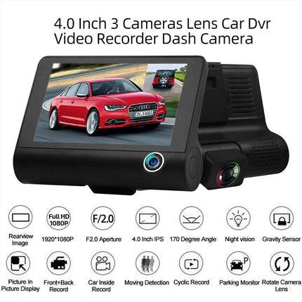 1080P Car DVR 4" 3 Lens Dash Cam Front and Rear Video Recorder Camera G-sensor