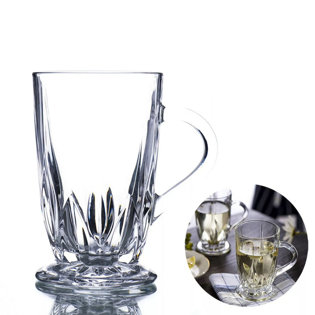 Set of 6 Crystal Glass Mugs w Handle Tea Coffee Hot Cold Drink Beverage 285ml
