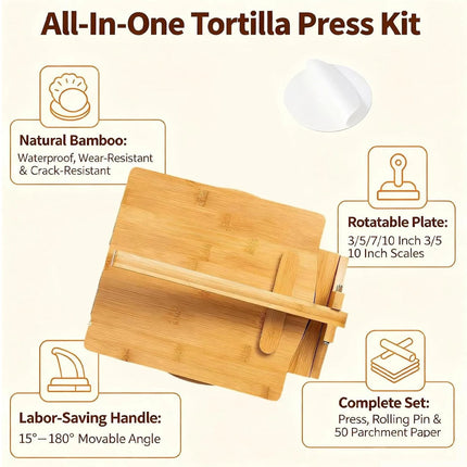 10 Inches Wooden Tortilla Press with Rolling Pin & 50 Pcs Parchment Paper