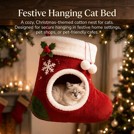 Hanging Christmas Cat Bed with Faux Plush-Lining Festive Small Pet Medium Cave