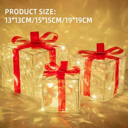3Pcs LED Christmas Lights Glowing Gift Box 3D Christmas Indoor & Outdoor Decor Red