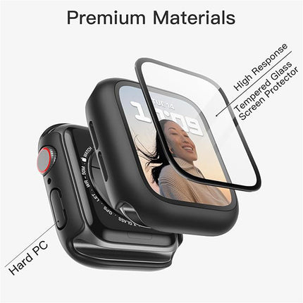 Case with Screen Protector for Apple Watch Series 9 8 7 45mmm Built-in Tempered Glass 2 Pack Black