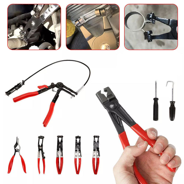 9PC Hose Clamp Clip Plier Set Swivel Jaw Flat Angled Band Automotive Tool Set