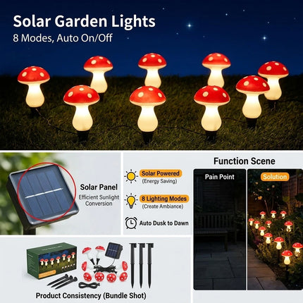 8Pcs Solar Mushroom Lights LED Fairy String Light Outdoor Garden Path Xmas Decor Lamp