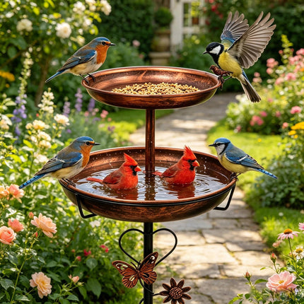 Double Bowl Bird Bath Feeder W/ 5 Prong Freestanding Antique Outdoor Garden Yard