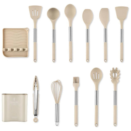 13PCS Silicone Kitchen Utensil Set with Stainless Steel Handles Non-Stick Tools (Beige)