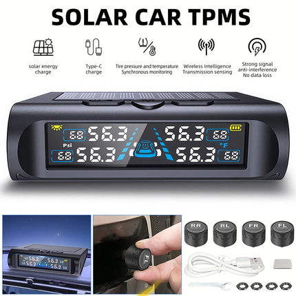 Solar Wireless TPMS Car Tire Tyre Pressure Monitor Monitoring System & 4 Sensors