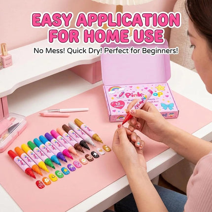 Pinky Pop Nail Pens 12 Colors Dual-Tip Nail Polish Pens Set,Quick-Dry, No UV Lam