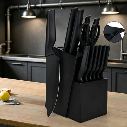 Professional 14Pcs Kitchen Knife Set with Wooden Block & Built-In Sharpener