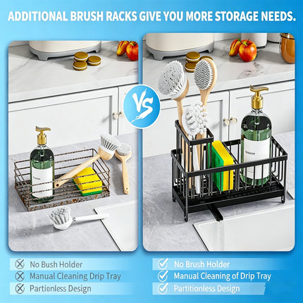 Black Metal Kitchen Sink Sponge Organizer Rack with Brush Holder