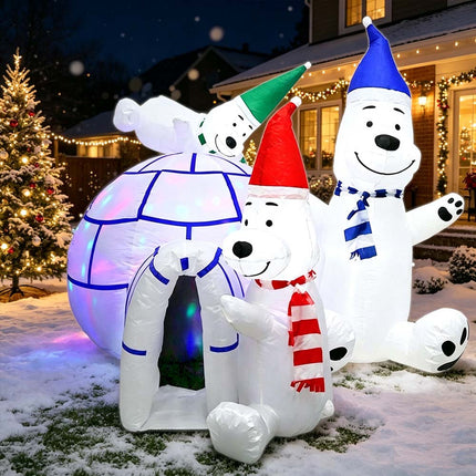 Inflatable Christmas Bear Family & Igloo W/ Disco Lights 1.85M Xmas Decor Gift