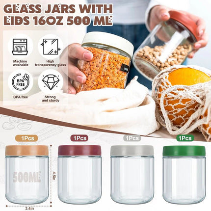 4X 500ml Glass Jars with Lid Small Food Candy Storage Mason Jam Bottle Container