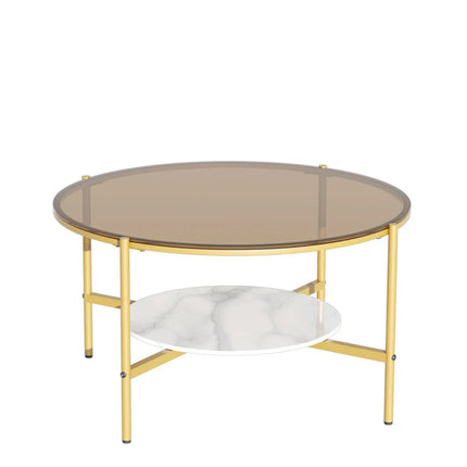 2Tier Vintage Round Glass Coffee Table with Stone Storage Shelf Sturdy Iron Legs Gold